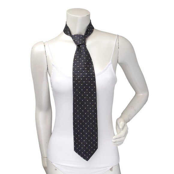 Hugo Boss 100% Silk Tie Dotted Necktie Classic Black Navy Cream Evening Designer - Picture 2 of 6